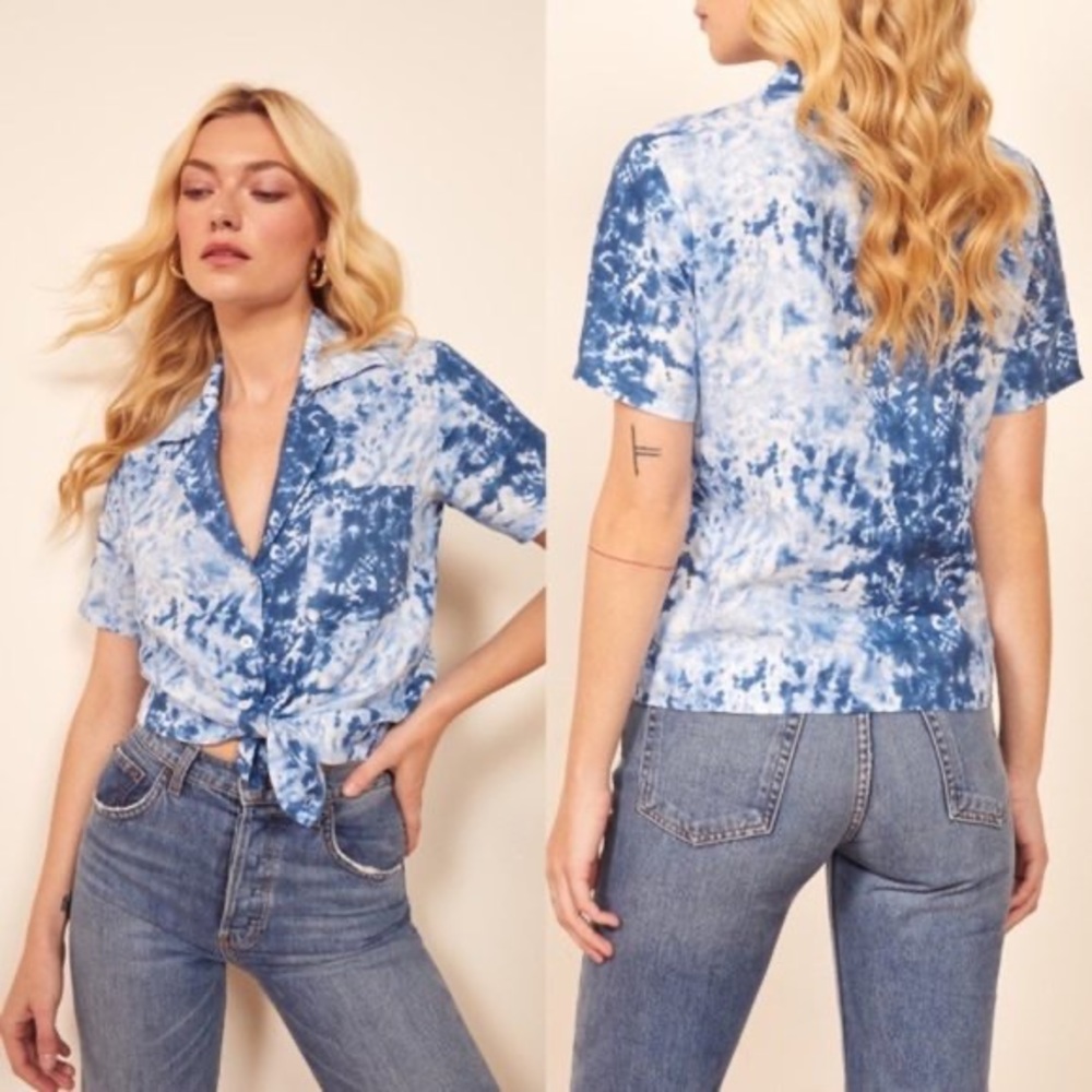NWOT REFORMATION HOLIDAY TIE DYE LINEN BLUE BUTTON UP SHIRT TOP MEDIUM
